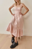 Fashion Sweet Plaid Split Joint Flounce Strapless Waist Skirt Dresses