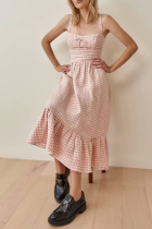 Fashion Sweet Plaid Split Joint Flounce Strapless Waist Skirt Dresses