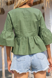Fashion Sweet Solid Buckle Flounce V Neck Tops