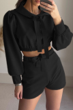 Casual Solid Split Joint Draw String Hooded Collar Long Sleeve Two Pieces