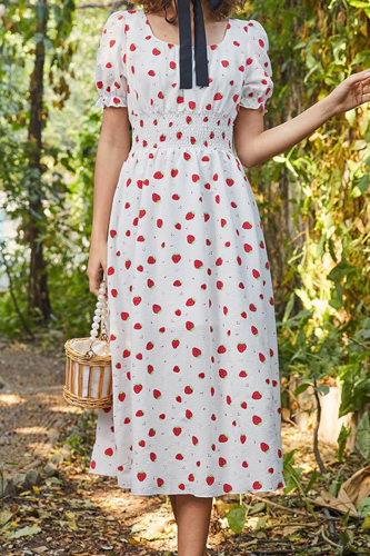 Casual Celebrities Print Split Joint Fold Square Collar Waist Skirt Dresses