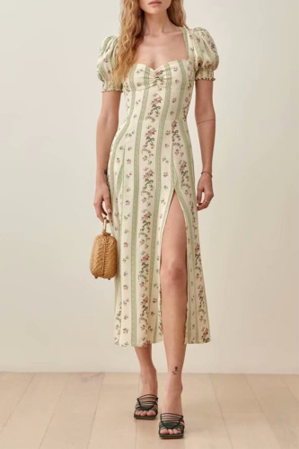 Elegant Print Floral High Opening Fold Square Collar Dresses
