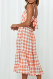 Casual Plaid Patchwork Frenulum Backless Flounce A Line Dresses