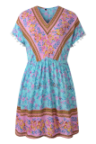 Bohemian Print Tassel Split Joint V Neck A Line Dresses
