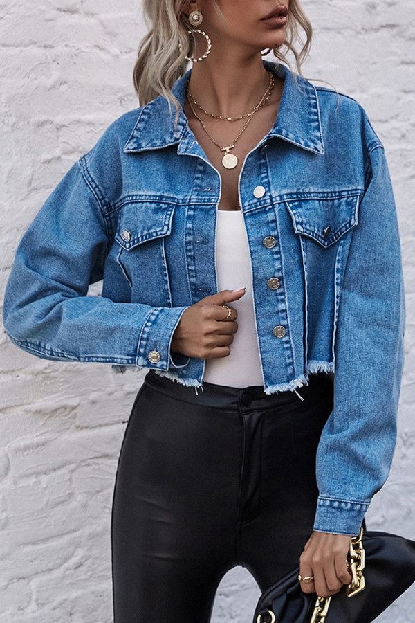 Fashion Street Solid Turndown Collar Long Sleeve Denim