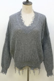 Fashion Street Solid Tassel V Neck Tops