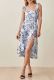 Vintage Elegant Floral Flounce Slit Square Collar A Line Dresses