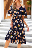Casual Elegant Floral Buckle Flounce V Neck A Line Dresses