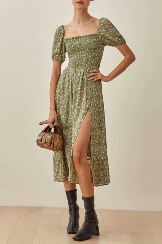 Elegant Floral High Opening Fold Square Collar Dresses
