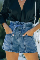 Elegant Solid Pocket With Belt High Waist Denim Shorts