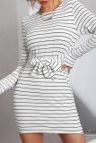 Street Striped Split Joint Strap Design O Neck Wrapped Skirt Dresses