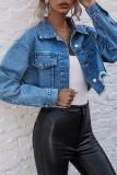 Fashion Street Solid Turndown Collar Long Sleeve Denim