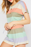 Fashion Casual Striped Split Joint O Neck Short Sleeve Two Pieces