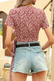 Elegant Floral Split Joint Strap Design V Neck Tops