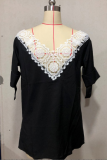 Casual Street Patchwork Lace Hollowed Out Contrast V Neck T-Shirts