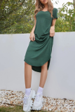 Casual Solid Split Joint Pocket O Neck Irregular Dress Dresses