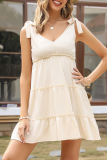 Sweet Solid Fold With Bow Stringy Selvedge V Neck Cake Skirt Dresses