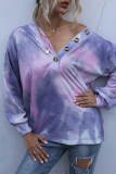 Casual Tie Dye Buckle V Neck Tops