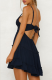 Elegant Solid Backless Strap Design V Neck A Line Dresses