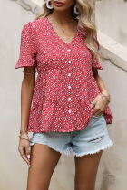 Elegant Print Buckle Flounce V Neck Tops