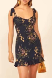 Elegant Floral Split Joint Flounce Spaghetti Strap A Line Dresses