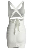 Sexy Solid Backless Cross Straps U Neck Wrapped Skirt Dresses