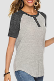Casual Patchwork Buckle Contrast O Neck T-Shirts