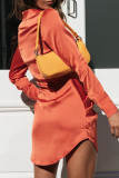 Fashion Street Solid Split Joint Turndown Collar Wrapped Skirt Dresses