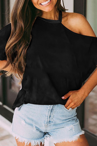 Casual Solid Split Joint Asymmetrical Collar T-Shirts