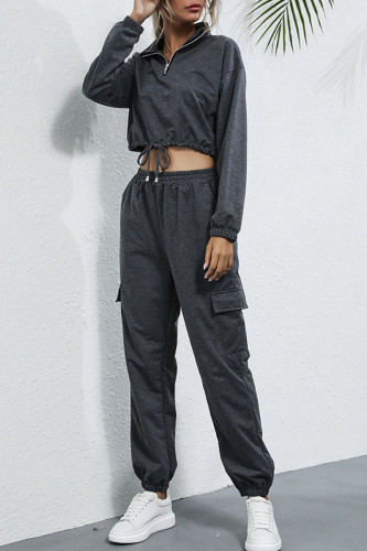 Sportswear Solid Split Joint Mandarin Collar Two Pieces