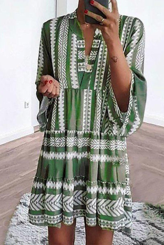 Casual Print Split Joint V Neck A Line Dresses