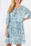 Fashion Elegant Floral Buckle Flounce O Neck A Line Dresses