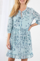 Fashion Elegant Floral Buckle Flounce O Neck A Line Dresses