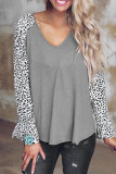 Fashion Casual Leopard Split Joint V Neck T-Shirts