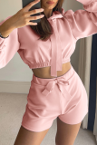 Casual Solid Split Joint Draw String Hooded Collar Long Sleeve Two Pieces