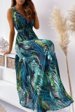 Fashion Sweet Print Split Joint V Neck A Line Dresses