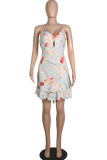 Fashion Sexy Print Backless Flounce V Neck Sling Dresses