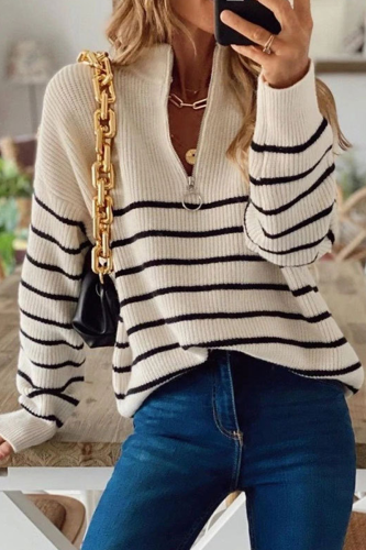Sexy Striped Split Joint Zipper Zipper Collar Tops Sweater
