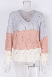 Casual Patchwork Hollowed Out Contrast V Neck Tops Sweater