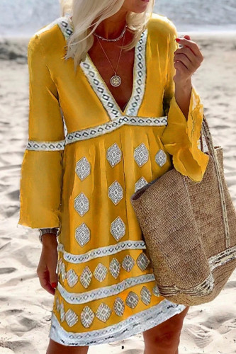 Fashion Casual Print Split Joint V Neck Princess Dresses
