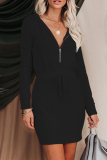 Elegant Solid Frenulum Zipper Hooded Collar Wrapped Skirt Dresses