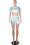 Fashion Living Tie Dye Split Joint O Neck Short Sleeve Two Pieces