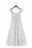 Fashion Elegant Floral Split Joint Flounce Square Collar Waist Skirt Dresses