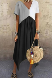 Casual Patchwork Fold Contrast V Neck Irregular Dress Dresses