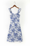 Vintage Elegant Floral Flounce Slit Square Collar A Line Dresses