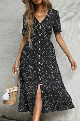 Fashion Elegant Dot Polka Dot Buckle V Neck A Line Dresses