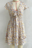 Casual Elegant Floral Flounce Strap Design V Neck Dresses