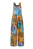 Casual Print Split Joint Pocket Square Collar Straight Jumpsuits