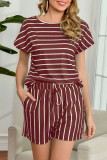 Fashion Casual Striped Split Joint O Neck Short Sleeve Two Pieces