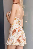 Fashion Sexy Print Backless Flounce V Neck Sling Dresses